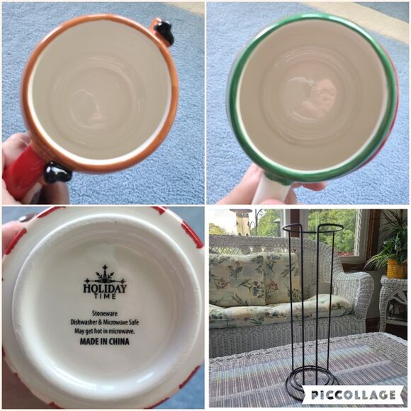 Holiday Time Santa Snowman & Reindeer Mix Stackable Stoneware Mug Set Metal Rack - Picture 10 of 10